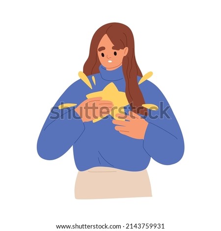 Person finding, discovering self. Revealing talents, skills concept. Extraordinary unique woman with star, outstanding personality. Psychology flat vector illustration isolated on white background Stockfoto © 