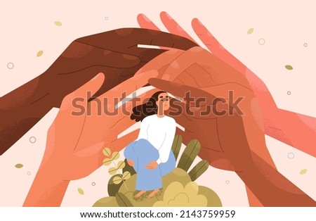 Psychology support for person concept. Hands helping, caring about womans mental health. Social aid, assistance, solidarity from charitable community, supportive society. Flat vector illustration