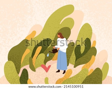 Psychology concept of self love, care and development. Woman growing, developing mental health, creating positive environment. Supporting of wellness, wellbeing, good mindset. Flat vector illustration Stock foto © 
