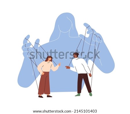 Master creates conflict tension between marionettes attached to strings. Manipulation concept. Manipulating, controlling behavior, pitting people. Flat vector illustration isolated on white background