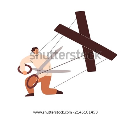 Person releasing, free from manipulation. Marionette cutting strings of authority control. Human puppet striving for freedom. Liberty concept. Flat vector illustration isolated on white background.