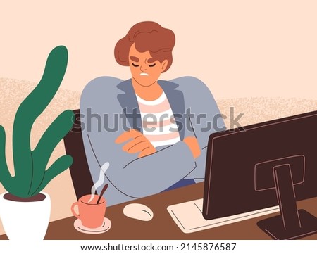 Discontent gloomy employee at workplace. Frowned negative office worker in bad mood. Unsmiling offended displeased disappointed person sabotaging, feeling work aversion. Flat vector illustration