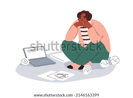 Writers burnout, creative crisis concept. Thoughtful copywriter creating, writing, thinking with laptop and crumpled papers around. Lack of ideas. Flat vector illustration isolated on white background