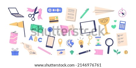 Different business items set. Paper document, phone, key, lightbulb, bank card, magnifying glass, megaphone, money and hourglass. Objects bundle. Flat vector illustrations isolated on white background