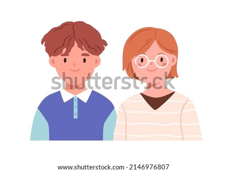 Kids couple, face portrait. Happy girl in glasses and boy, sister and brother. Two smiling cute school children.Elementary students, classmates. Flat vector illustration isolated on white background