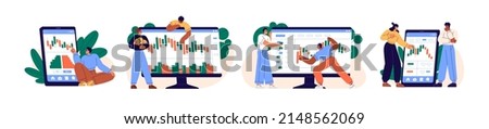 Investors with digital stock market graph, candlestick chart set. People traders investing money, finance in assets. Investment concept. Flat graphic vector illustrations isolated on white background 商業照片 © 