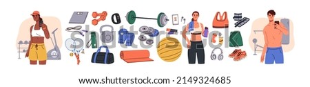 Sport equipment, gym accessory, people athlete set. Dumbbell, barbell, fitness ball, yoga mat, bag, sportswear for training. Workout stuff bundle. Flat vector illustration isolated on white background