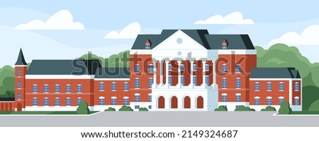 University building exterior. Classic European high school, college house architecture. Outside of public academic institution. Street panorama with museum, trees. Flat graphic vector illustration
