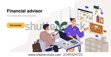 Financial advisor landing page. Website template of finance agent, money consultant. Accounting consultancy, online accountant expert service for tax law literacy. Flat graphic vector illustration