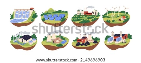 Power plants set. Electric energy factories buildings for electricity productions. Coal, nuclear, gas, hydro industries, stations. Flat graphic vector illustrations isolated on white background ストックフォト © 