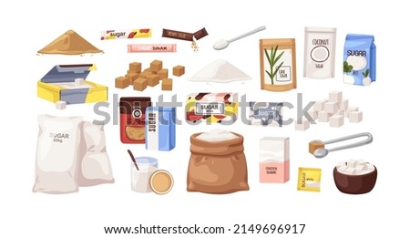 Sugar packs set. Granulated, powder, cubes, sanding sweet sucrose in different packages, bag, stick, spoon, sack, box, bowl and sachet. Flat cartoon vector illustrations isolated on white background
