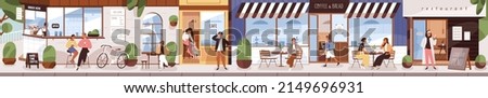 City street with people citizens eating in cafes, restaurants, coffee shops outside on terraces in downtown. Long urban panorama, cityscape with open cafeterias exteriors. Flat vector illustration