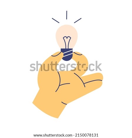 Hand holding lightbulb icon. Light bulb, electric lamp as symbol of creative ideas, insights and new solutions. Discovery, invention concept. Flat vector illustration isolated on white background