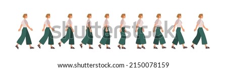 Walk sequence animation. Woman in motion, full moving cycle by steps. Female figure profile going. Gait movement phases. Pedestrian side view. Flat vector illustrations isolated on white background