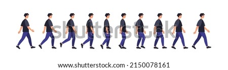 Full walk cycle sequence animation. Man in motion, going, stepping side view. Male gait phases, positions. Casual person profile moving. Flat vector illustrations isolated on white background