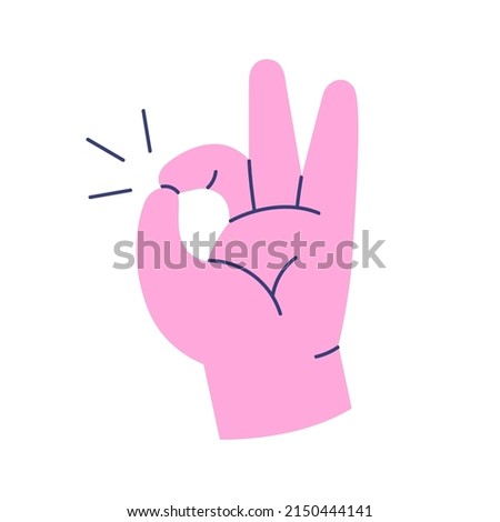 Hand showing OK gesture, accepting, approving, agreeing to smth. Okay fingers sign icon. Good great positive signal of satisfaction. Colored flat vector illustration isolated on white background