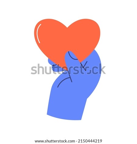 Hand holding red heart as symbol of love, care and support. Volunteer icon. Charity, donation, voluntary help and solidarity concept. Flat graphic vector illustration isolated on white background