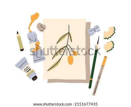 Botanical drawing on sheet of paper with squeezed acrylic paint in tube, pencil, liner around. Painting of plant branch and supplies, top view. Flat vector illustration isolated on white background