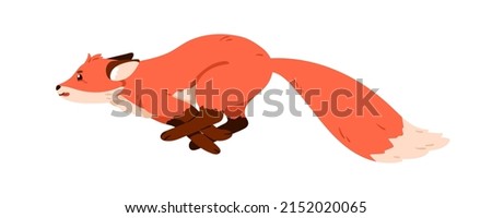 Wild forest fox running away, jumping. Profile of swift animal in movement. Fast motion of cute foxy pup with orange fluffy tail, side view. Flat vector illustration isolated on white background