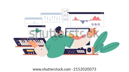 Sound designer, composer working with multimedia software, composing electronic music. Musician creating at computer desk. Audio production. Flat vector illustration isolated on white background