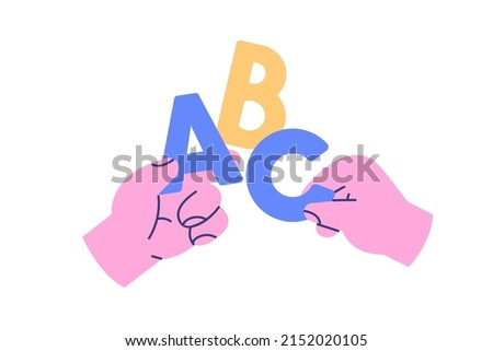ABC, basic alphabet letters in hands icon. Arms holding A, B, C for kids education, learning, studying. Easy elementary for beginners. Flat graphic vector illustration isolated on white background