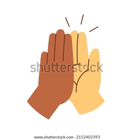 Two hands giving high five, clapping palms icon. Biracial arms slap, greeting hi gesture of friends. Partners congratulation with great deal. Flat vector illustration isolated on white background