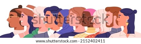 Diverse international people faces profiles in row. Men and women group of different race, age, appearance. Diversity concept. Colored flat graphic vector illustration isolated on white background