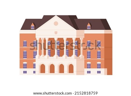 Public building facade exterior. Outside of university, school construction. Classic architecture of municipal structure, authority establishment. Flat vector illustration isolated on white background