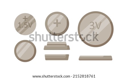 Button coin batteries of round shape. Dry circle single cells set of different size, voltage. Metal baterries for watches, electronics. Flat graphic vector illustration isolated on white background