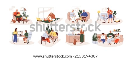 Elder people at home set. Old men and women daily life, leisure and household activities, hobbies. Happy modern senior males, females indoors. Flat vector illustrations isolated on white background