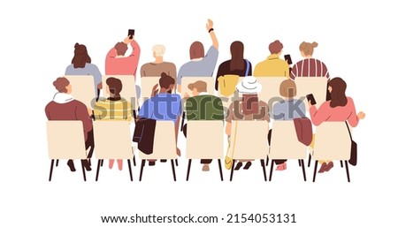 Audience back view. Behind people group sitting on chairs at seminar, training. Auditorium taking photo with phone, raising hand at public event. Flat vector illustration isolated on white background 商業照片 © 
