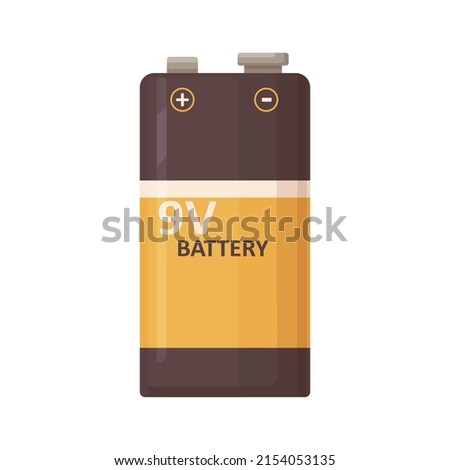 9V energy battery. Alkaline 9 V power dry baterry of rectangle shape. Nine volt, voltage general purpose item for electric devices. Colored flat vector illustration isolated on white background