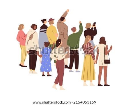 Group of people gathering back view. Backside of audience, men, women, kid standing, watching. Activists meeting at abstract social event. Flat vector illustration isolated on white background
