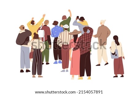 Group of people standing, watching, back view. Behind audience of entertainment event outdoors. Men and women spectators gathering backside. Flat vector illustration isolated on white background Stock foto © 