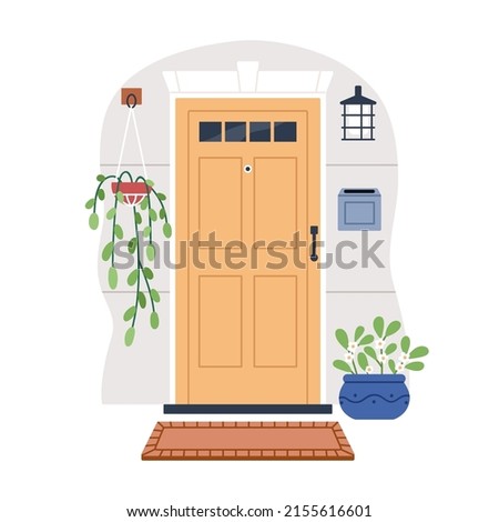 House door, front view from street. Closed home entrance exterior with potted flower plants, lamp, postbox, peehole and entry rug. Doorway facade. Flat vector illustration isolated on white background