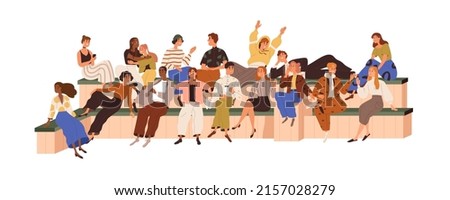 Diverse young people gathering for communication, relaxing outdoors. Modern community, group of friends, couples together, sitting on benches. Flat vector illustration isolated on white background