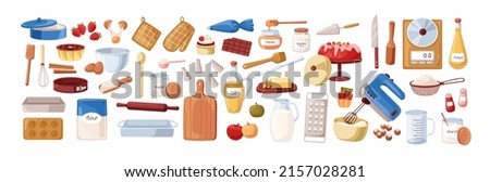 Baking ingredients, tools, utensils set. Kitchen supplies, bakery stuff for cooking cake. Flour bag, sugar, oil, butter, mixer, whisk. Flat graphic vector illustrations isolated on white background