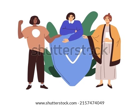 Women with secure tick on shield, protecting safety, female rights. Life insurance, security, privacy protection concept. Feminists at defence. Flat vector illustration isolated on white background