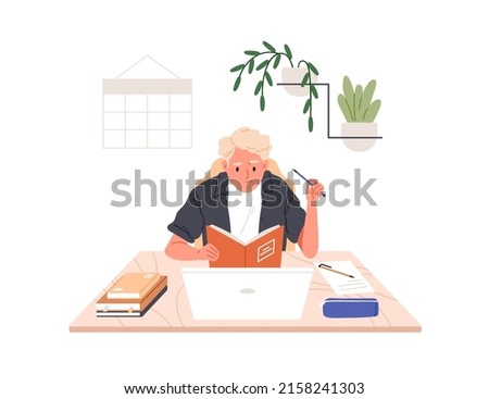 Child studying at home, doing difficult homework. Kid learning with book and laptop at desk, thinking. Worried school student failing with task. Flat vector illustration isolated on white background