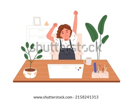 School child sitting at desk, stretching, finishing studying. Girl happy with homework done. Kids break, ending learning day at computer at home. Flat vector illustration isolated on white background