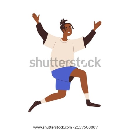 Happy excited black man smiling, rejoicing, running with joy, exulting. Joyful delighted guy with positive emotion. Cheerful joyous person. Flat vector illustration isolated on white background