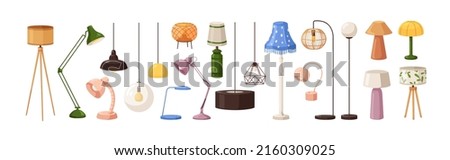 Electric table, floor lamps, lampshades, ceiling chandeliers, bedside nightlights set. Different interior light decor standing and hanging. Flat vector illustrations isolated on white background