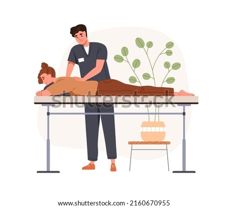 Patient at rehabilitation massage at chiropractors. Masseur physiotherapist osteopath treating back. Rehab therapy, physiotherapy treatment. Flat vector illustration isolated on white background