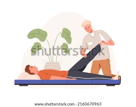 Chiropractor and patient at physiotherapy rehabilitation. Physiotherapist adjusting leg. Rehab chiropractic therapy and osteopathy treatment. Flat vector illustration isolated on white background