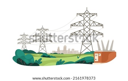 Electric power lines transmitting electricity to city. High voltage transmission cables, suspended wires, towers. Powerlines delivering energy. Flat vector illustration isolated on white background