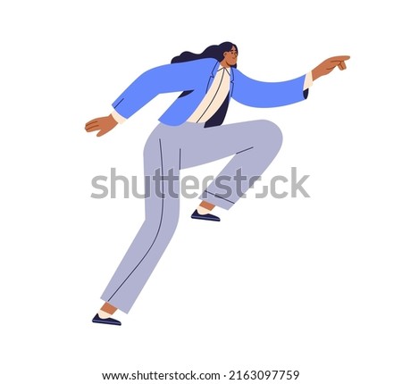 Business person running, hurrying, stepping up. Ambitious woman employee aspiring, achieving goal. Enthusiastic businesswoman. Aspiration concept. Flat vector illustration isolated on white background