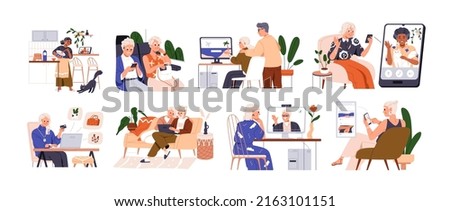 Modern old people using internet, mobile phones, computers. Senior men, women, couple with smartphone, laptops. Elderly generation online. Flat graphic vector illustration isolated on white background