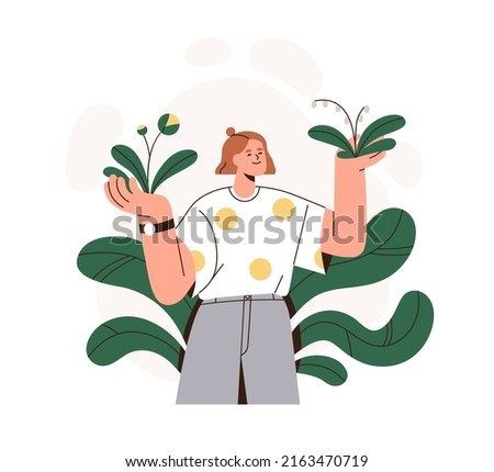Happy woman with plants in garden. Girl feeling unity with nature, enjoying and contemplating. Botanist with spring flowers. Wellbeing concept. Flat vector illustration isolated on white background Foto stock © 