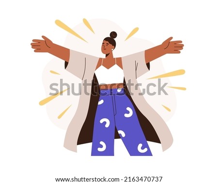 Happy friendly emotional woman hugging, welcoming. Open-minded excited positive female extrovert. Extraversion, openness, hospitality concept. Flat vector illustration isolated on white background Foto stock © 