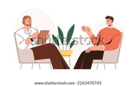 Psychologist listening to patient at mental therapy session. Person talking to psychotherapist. Private psychology, psychotherapy help concept. Flat vector illustration isolated on white background Stockfoto © 